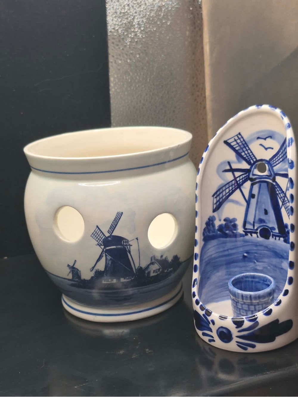 Vintage Genuine Delft Lot Candle Holders with Windmills - Blue & White Pottery